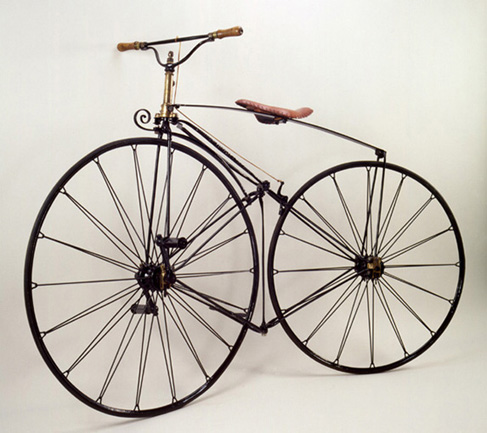 Phantom Velocipede, ca. 1869<br>
Reynolds & Mays, London<br>
England<p>

The first English velocipede with a suspension wheel and solid rubber tires. This machine features a central articulating hinge.